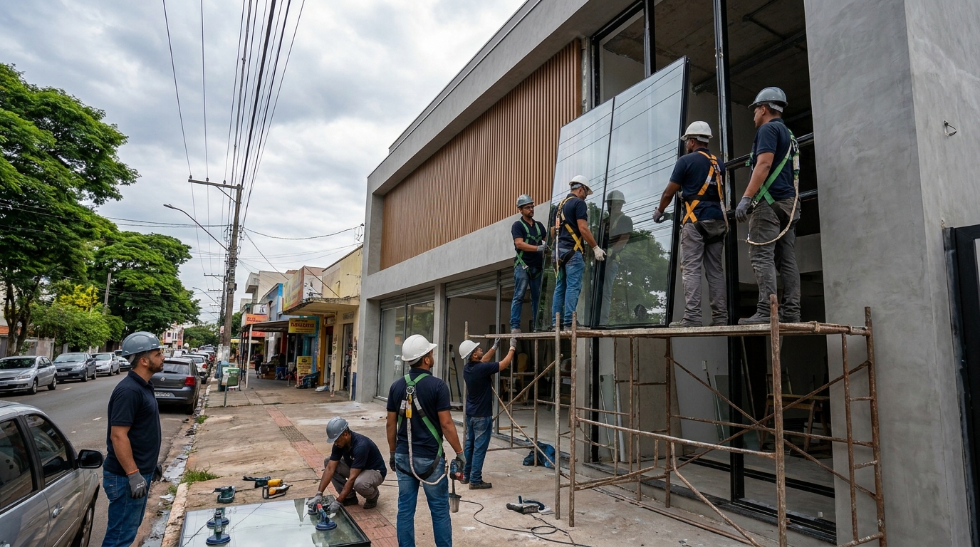Fachada de vidro com andaime lateral em Pelotas-RS
