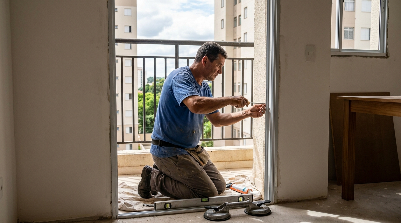 Janela de vidro em apartamento alto em Pelotas-RS
