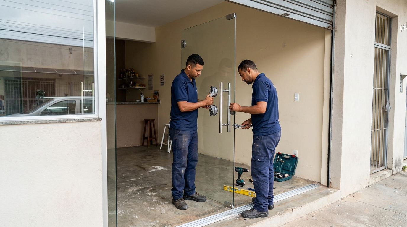Dupla instalando porta de vidro em loja em Pelotas-RS